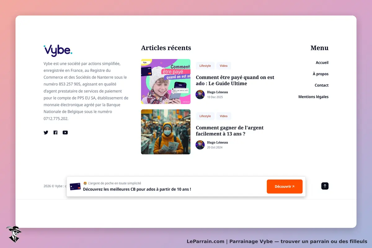 Vybe : page d'accueil avec articles récents sur les finances et menu de navigation à droite