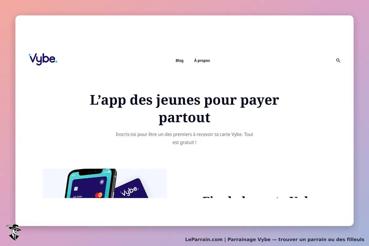 Vybe : page d'accueil présentant l'application pour payer, avec un visuel de carte et smartphone