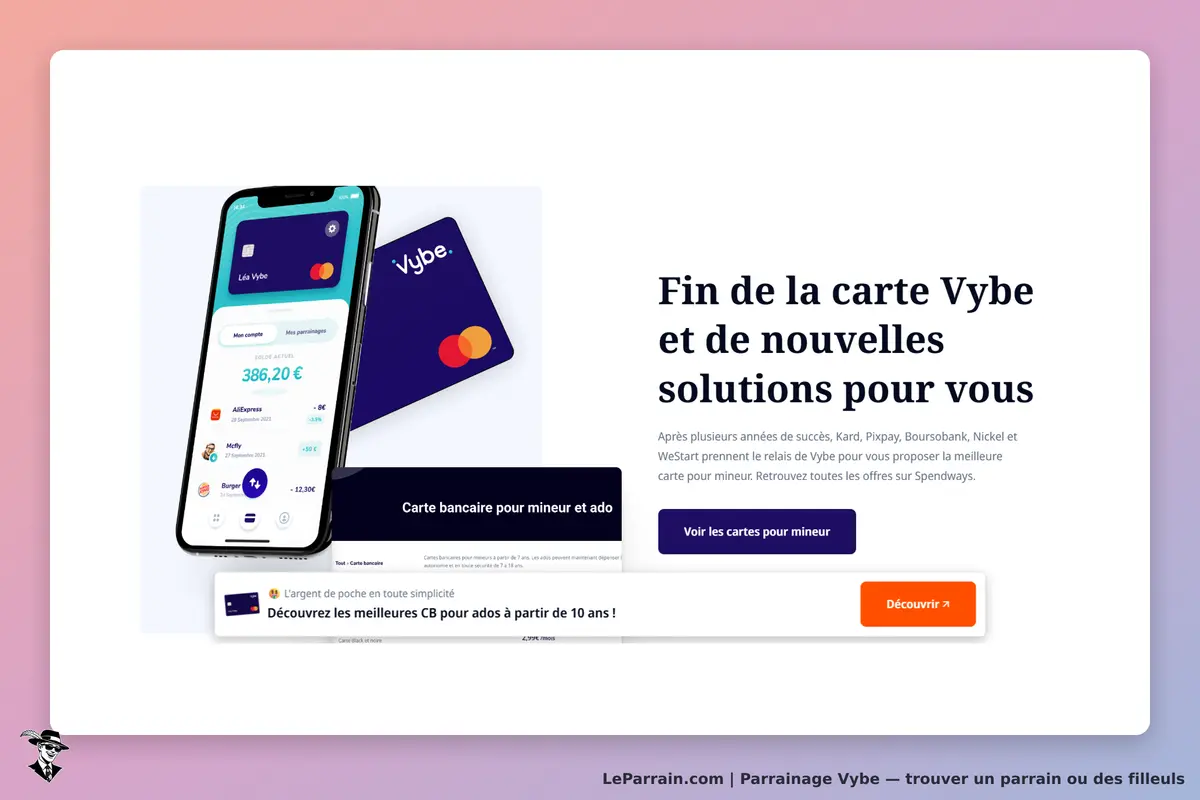 Vybe : page d'accueil avec un smartphone affichant une carte bancaire et des informations de compte