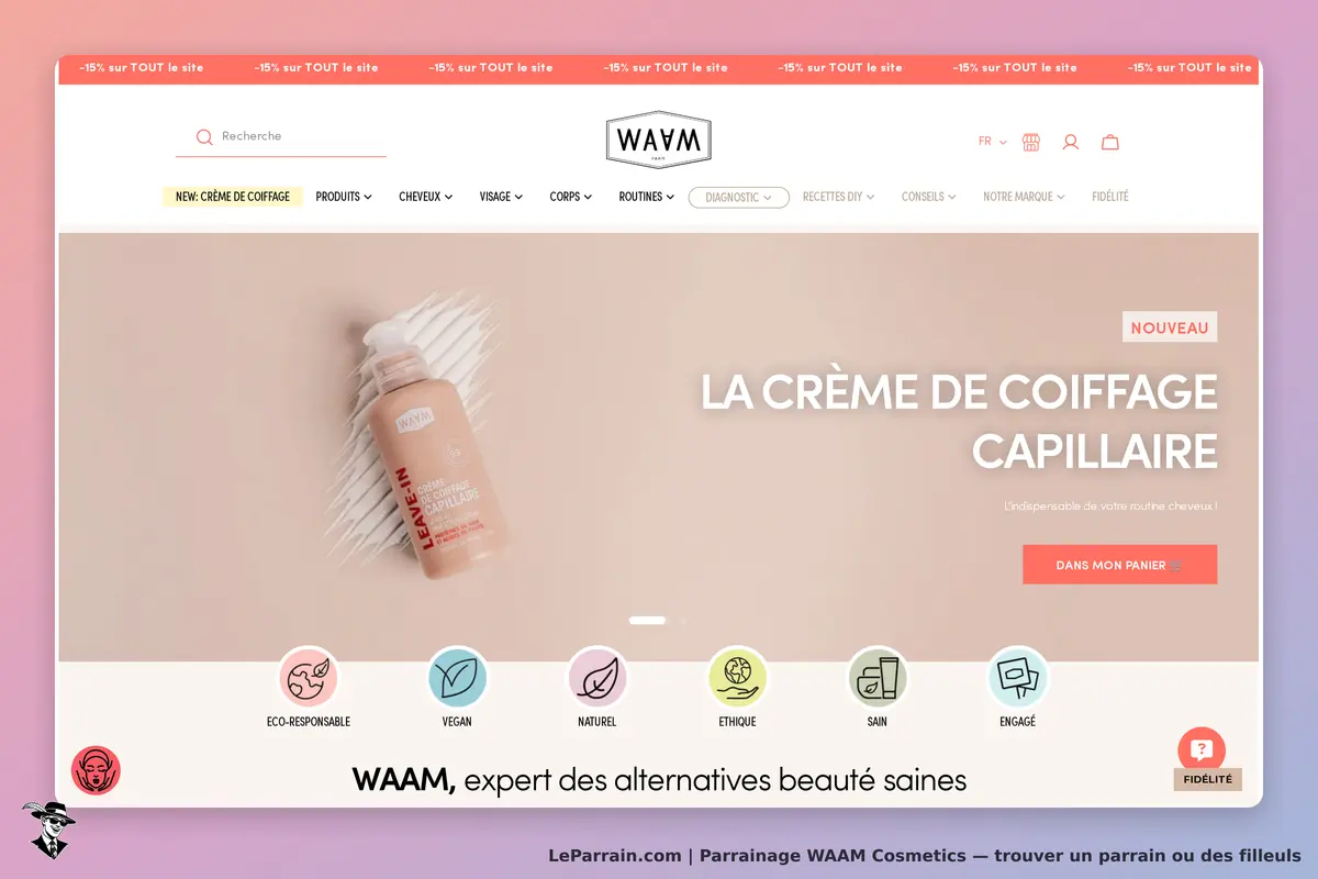 WAAM Cosmetics : wAAM : page d'accueil avec une crème de coiffage sur fond beige et des icônes de