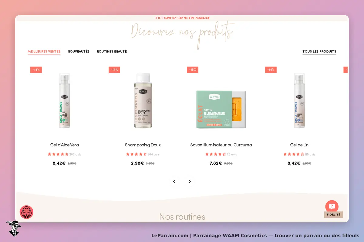 WAAM Cosmetics : produits affichés avec notes, avis et étiquettes de réduction sur la page