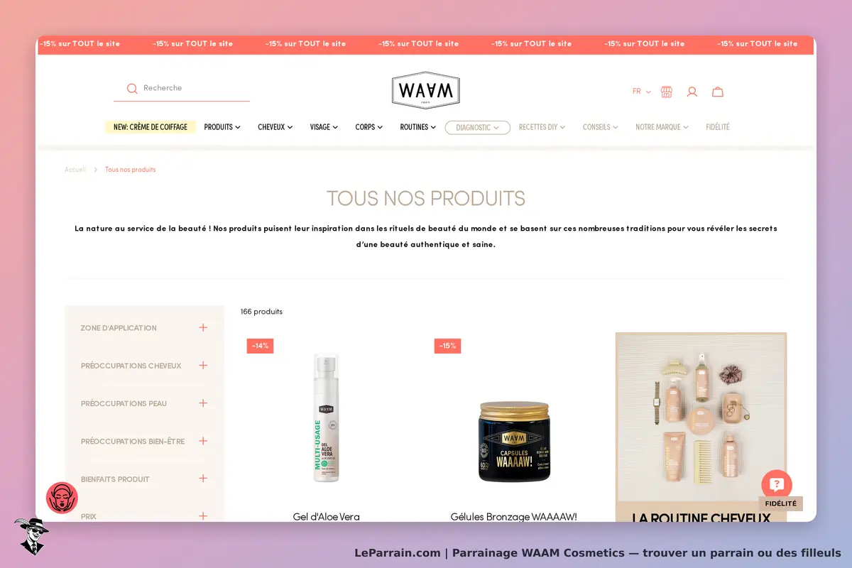 WAAM Cosmetics : wAAM : page d'accueil montrant des produits cosmétiques et catégories de soins
