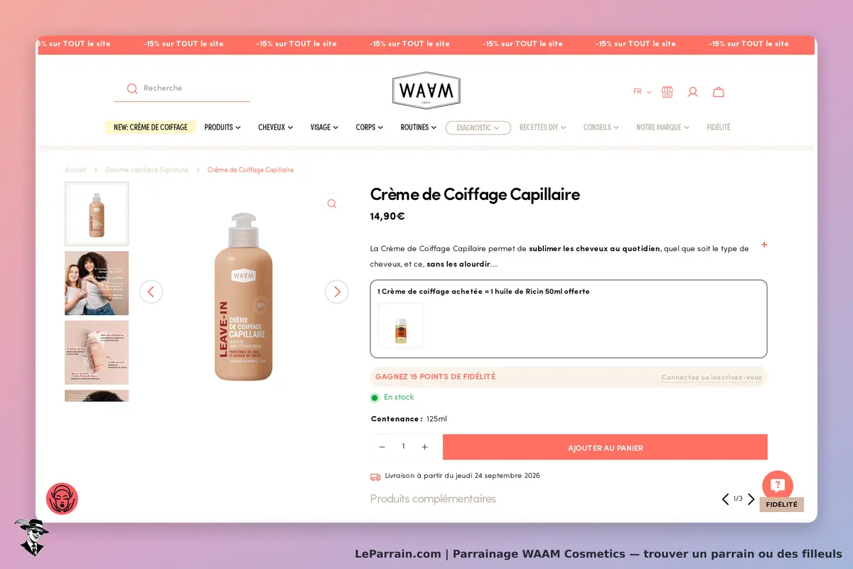 WAAM Cosmetics : wAAM : page produit présentant la Crème de Coiffage Capillaire en flacon avec