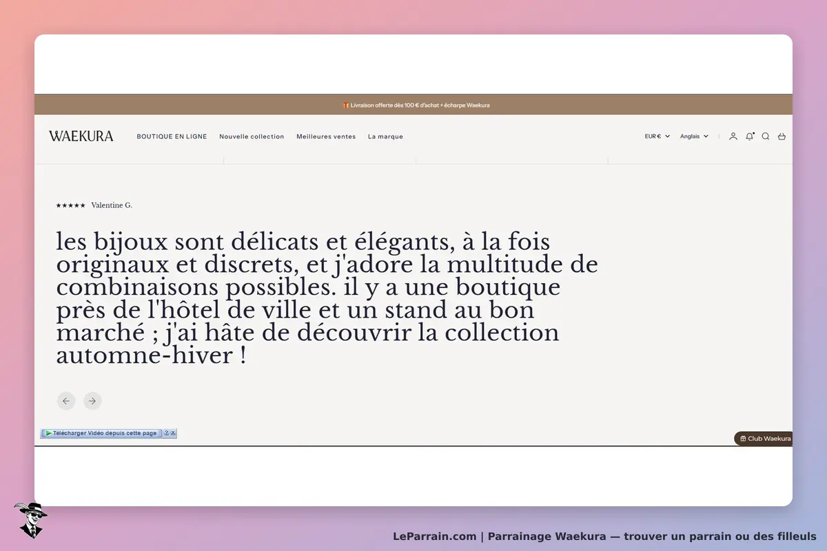 Waekura : avis d'une cliente sur les bijoux, avec une mise en page et un fond coloré