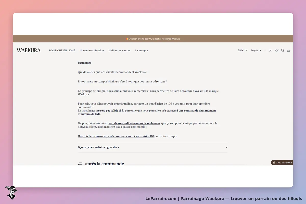 Waekura : page d'accueil avec section sur le parrainage et informations sur les conditions