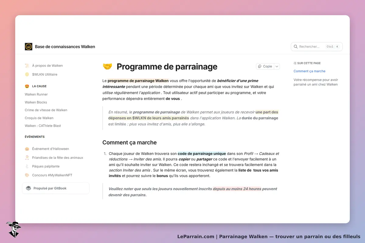 Walken : page sur le programme de parrainage avec instructions et détails sur le fonctionnement