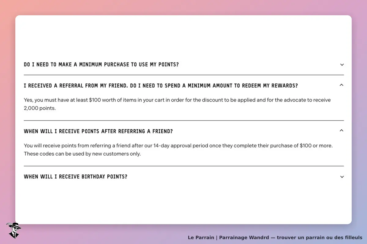 FAQ européenne WANDRD : achat du nouveau filleul d’au moins 100 $, 2 000 points au parrain et approbation de 14 jours.