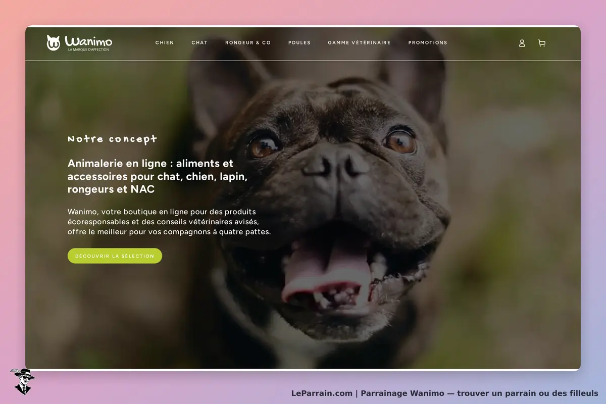Wanimo : page d'accueil avec un chien souriant et présentation du concept de l'animalerie