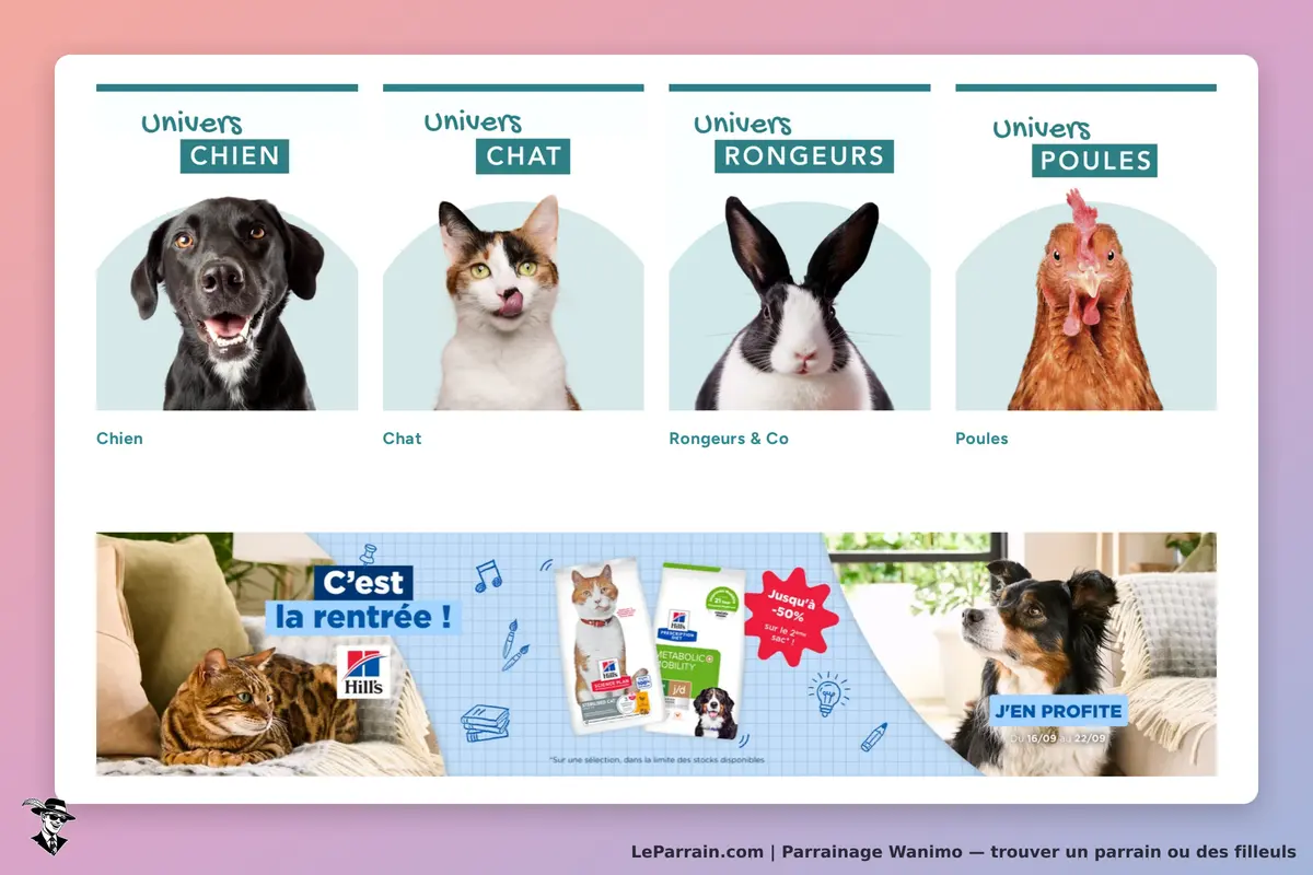 Wanimo : page d'accueil avec des images d'animaux et des sections pour chiens, chats, rongeurs et