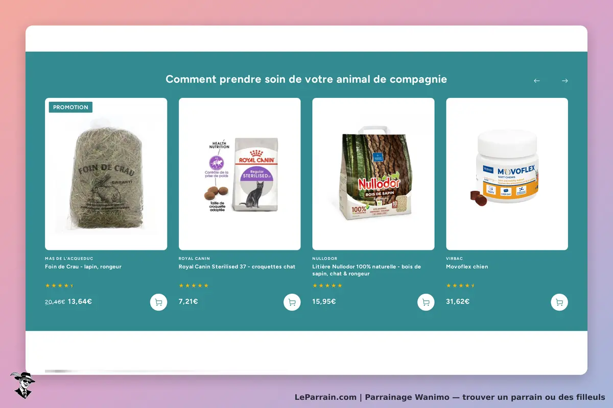 Wanimo : produits pour animaux de compagnie avec descriptions et évaluations affichées