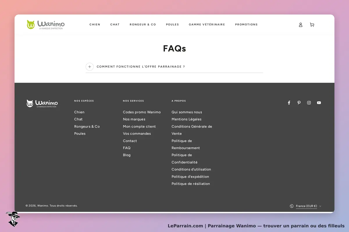 Wanimo : page FAQ avec menu de navigation et sections sur les services et informations