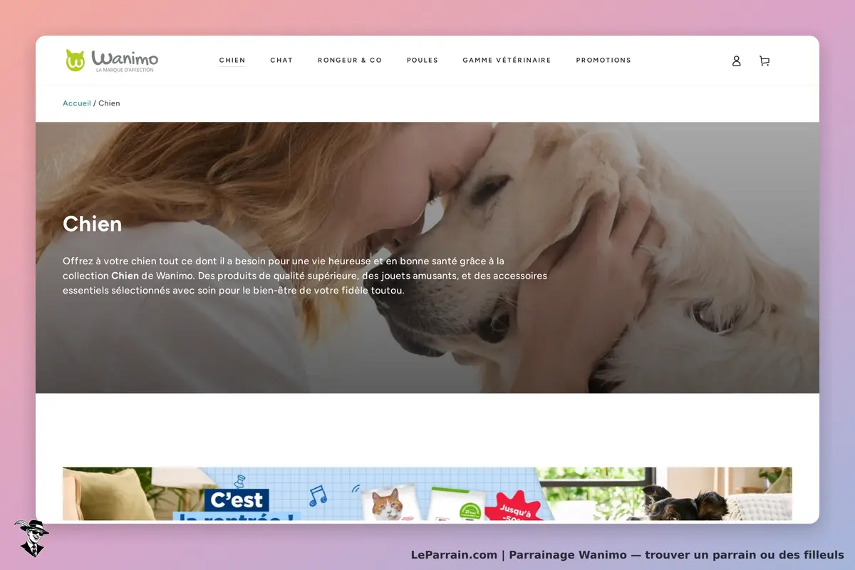 Wanimo : page d'accueil de la catégorie "Chien" avec une image d'une femme et un chien