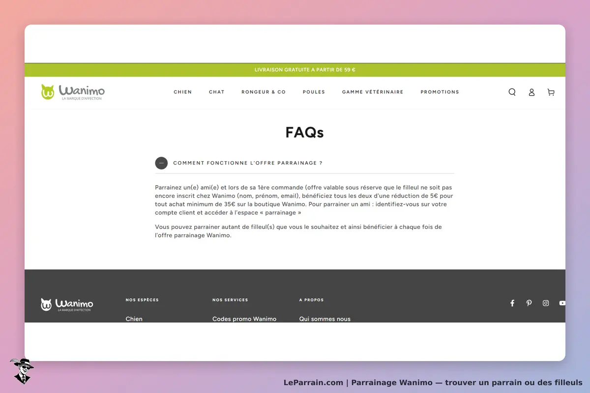 Wanimo : section FAQ expliquant le fonctionnement de l'offre de parrainage