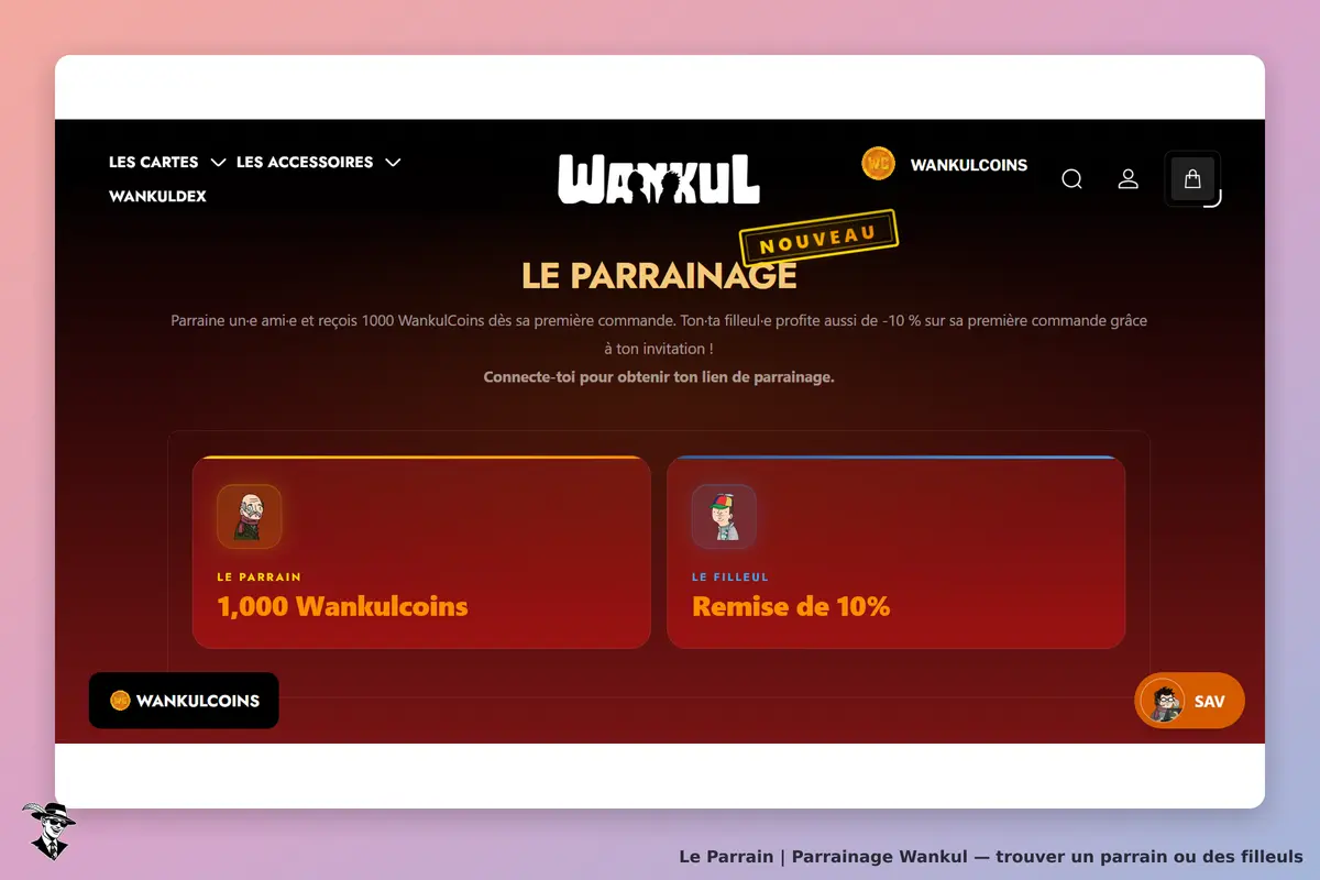 Wankul : page d'accueil avec section de parrainage et options pour parrain et filleul