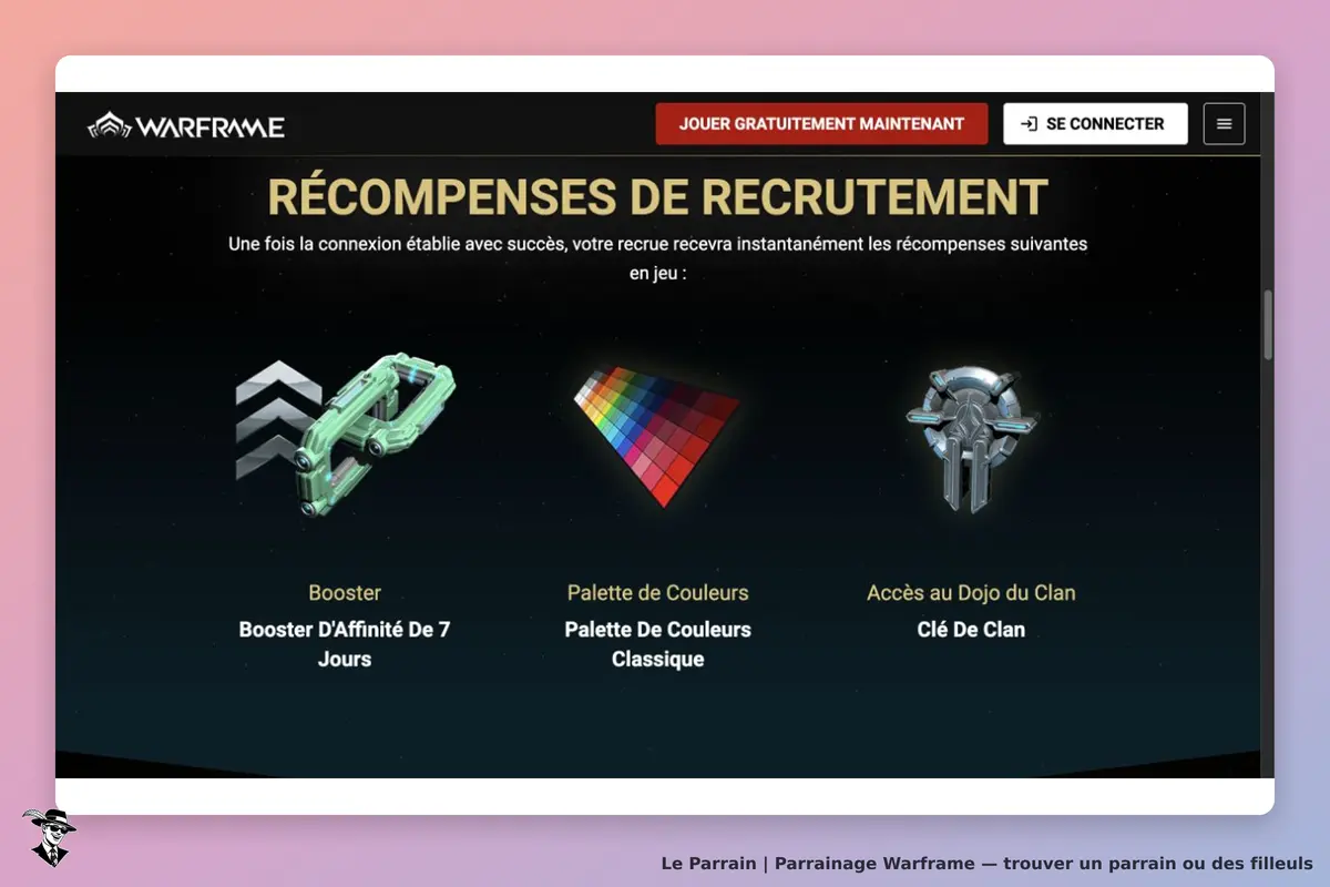 Warframe : booster d’Affinité de sept jours, palette classique et clé de clan offerts à la recrue