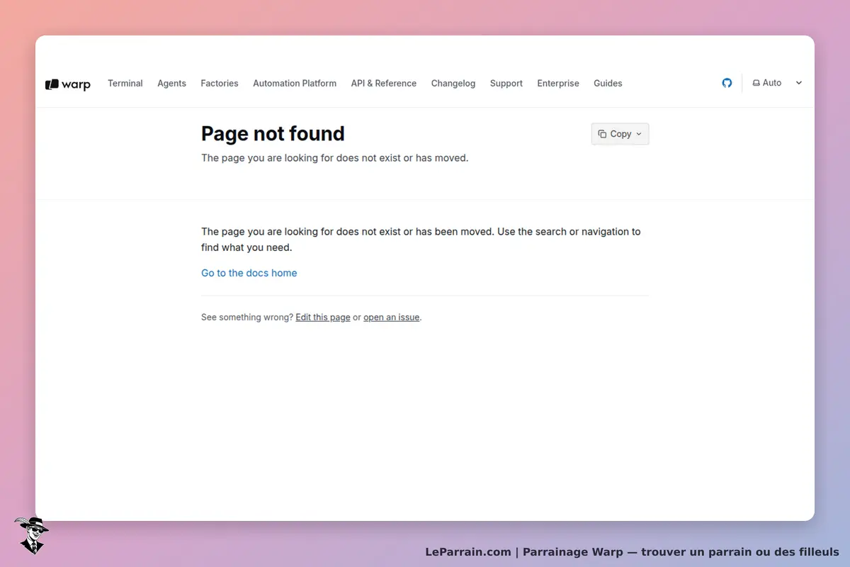 Warp : message d'erreur "Page not found" avec options de navigation et lien vers la documentation