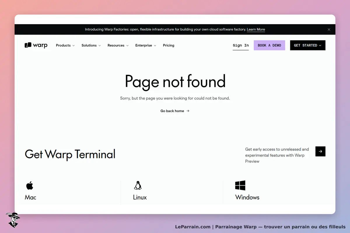 Warp : écran indiquant "Page not found" avec options pour Mac, Linux et Windows