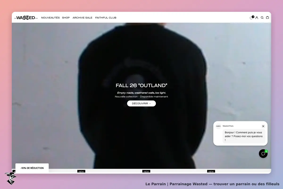 Wasted : page d'accueil avec un modèle portant un sweat noir et un chat en ligne pour assistance
