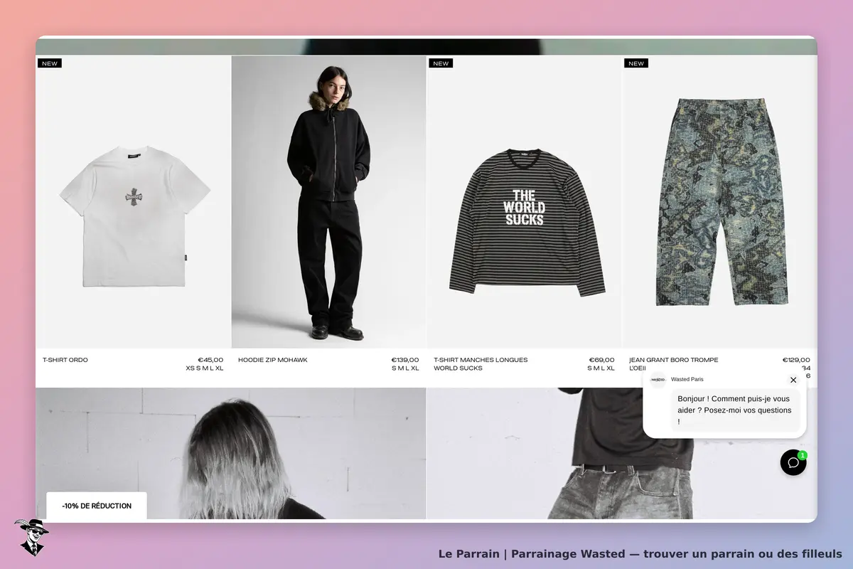 Wasted : page d'accueil avec vêtements affichés et fenêtre de chat en bas à droite