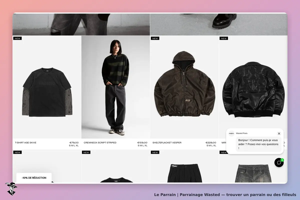 Wasted : page d'accueil affichant divers vêtements, dont t-shirts et vestes