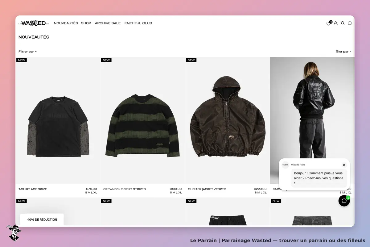 Wasted : page des nouveautés avec plusieurs vêtements affichés et un chat en bas à droite
