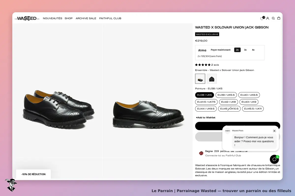 Wasted : affichage de chaussures noires avec options de taille et chat en ligne à droite