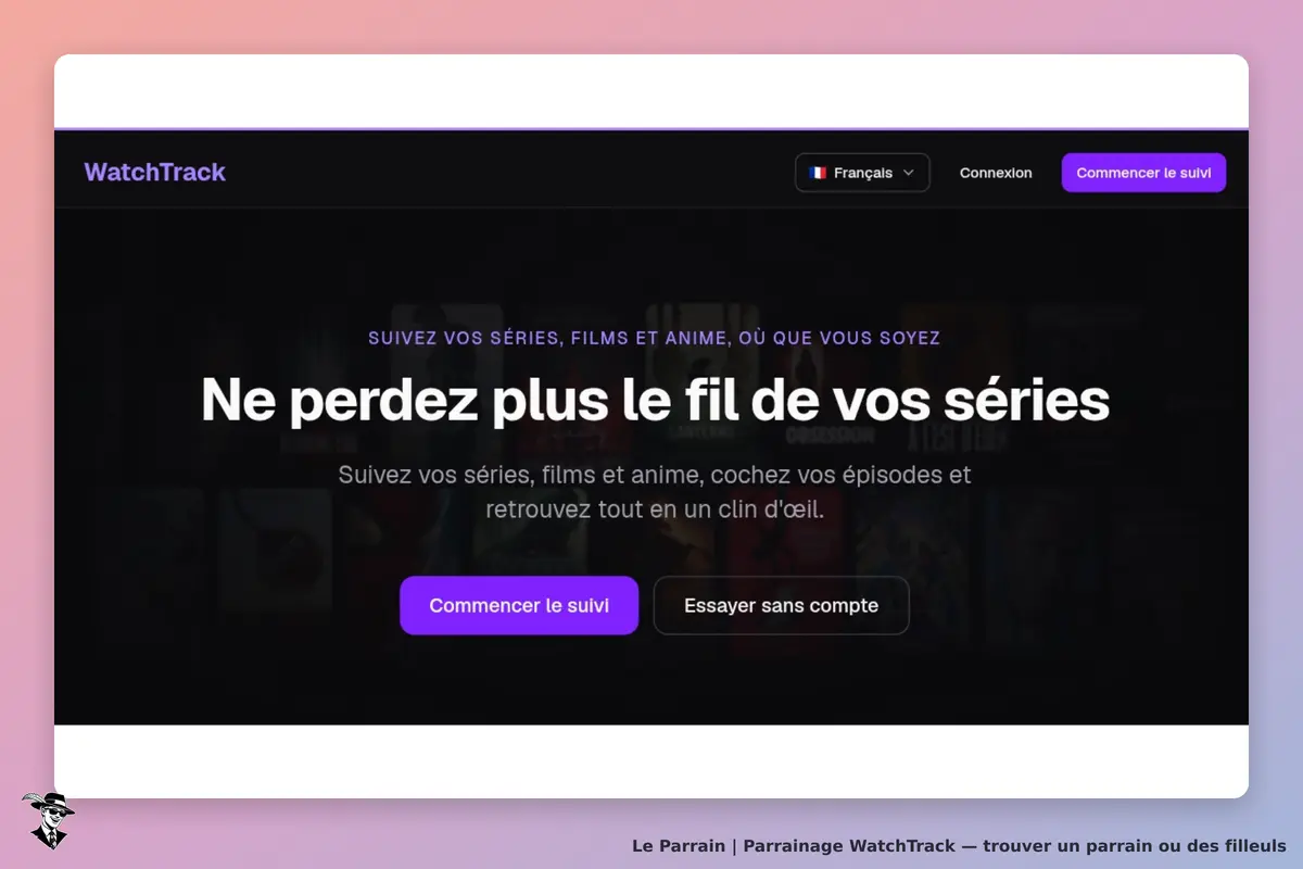 WatchTrack : page d'accueil avec un message d'invitation et des options de suivi