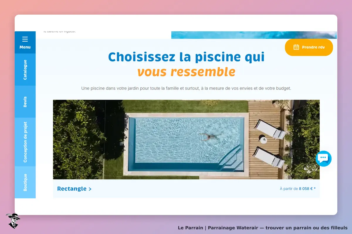 Waterair : page d'accueil avec une piscine rectangulaire et des chaises longues au bord