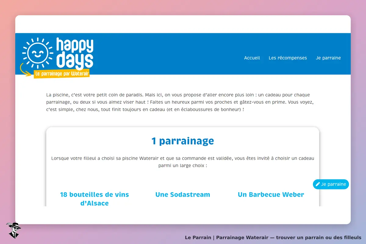 Waterair : page d'accueil avec une présentation du parrainage et des choix de cadeaux