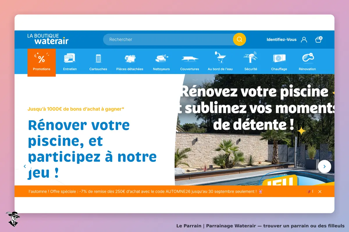 Waterair : page d'accueil avec promotion sur la rénovation de piscine et visuel d'une piscine