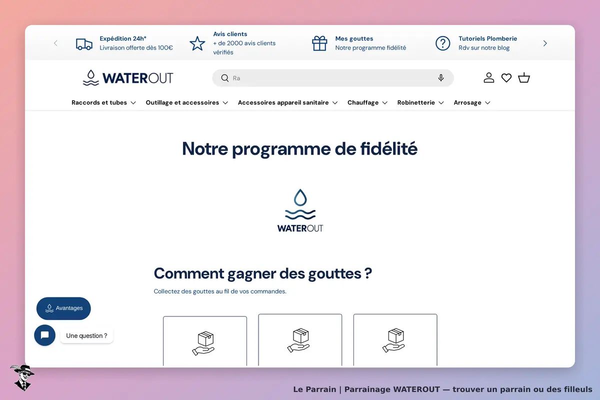 WATEROUT : page d'accueil avec le programme de fidélité et des icônes explicatives