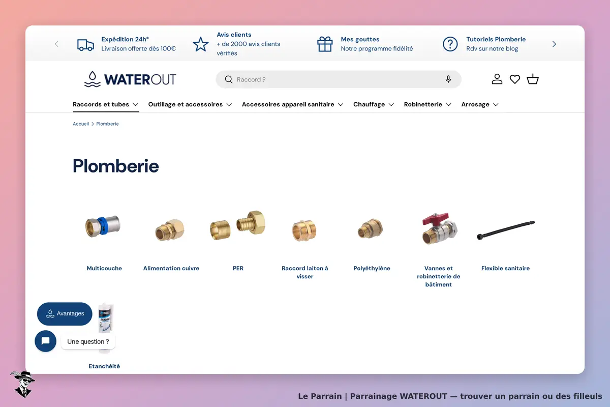 WATEROUT : catégorie Plomberie avec divers raccords et accessoires affichés en ligne