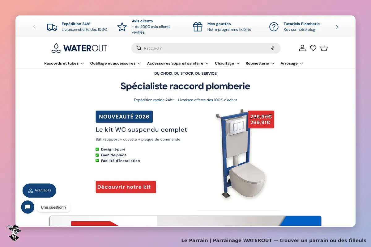 WATEROUT : page d'accueil présentant un kit WC suspendu complet avec description et visuel