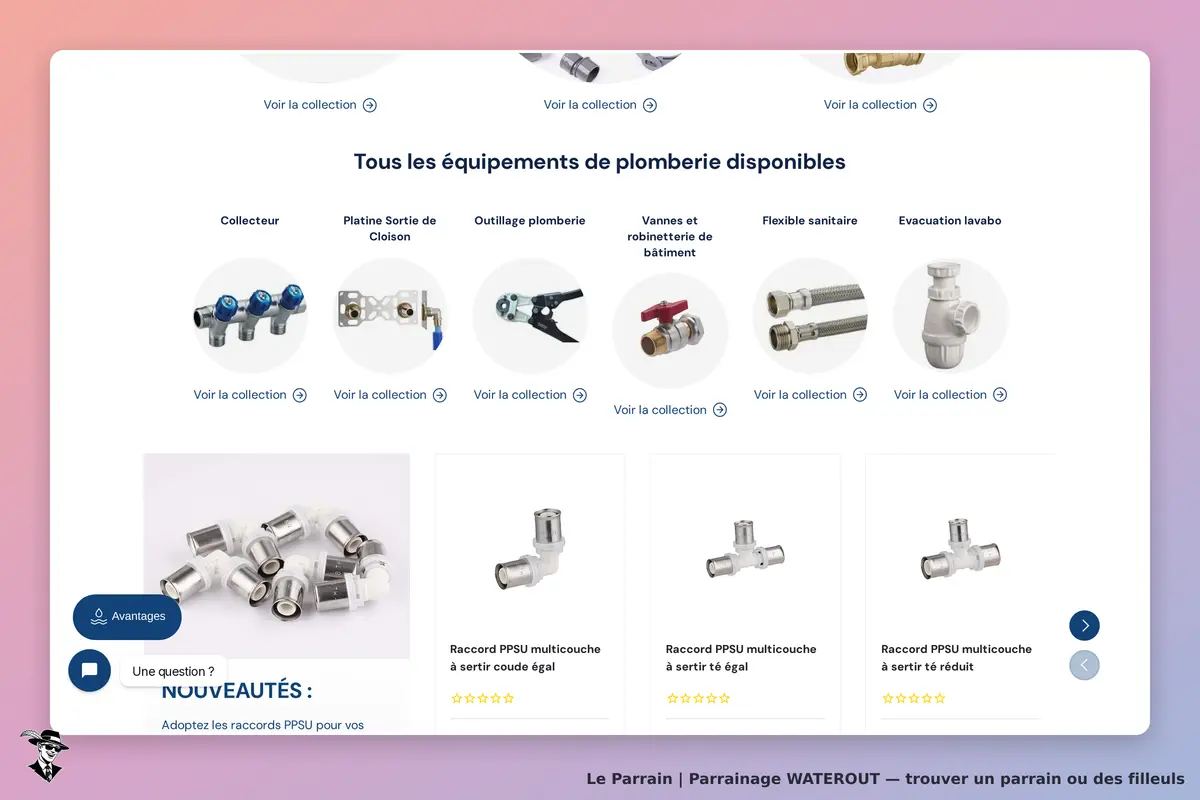 WATEROUT : page d'accueil présentant des équipements de plomberie et des nouveautés en raccords