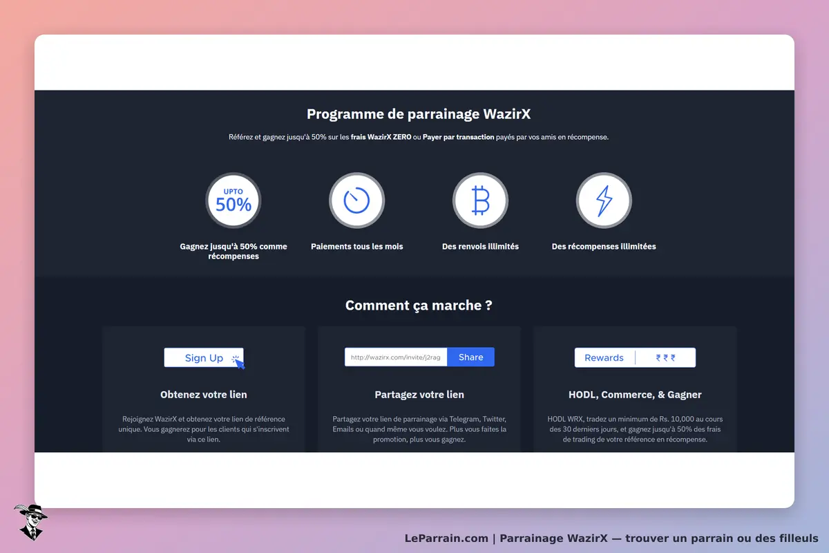 WazirX : programme de parrainage avec options d'inscription et partage de lien visible