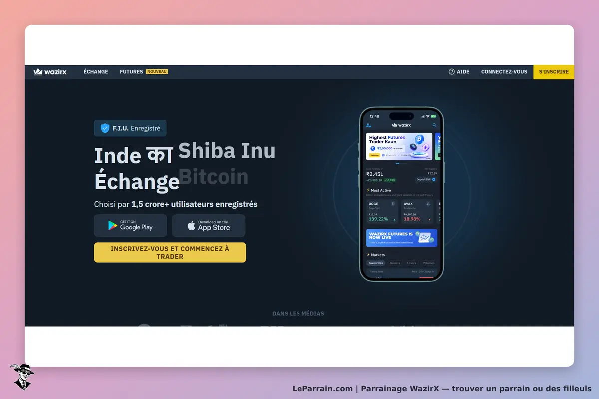 WazirX : page d'accueil avec un smartphone affichant des informations de trading et des options