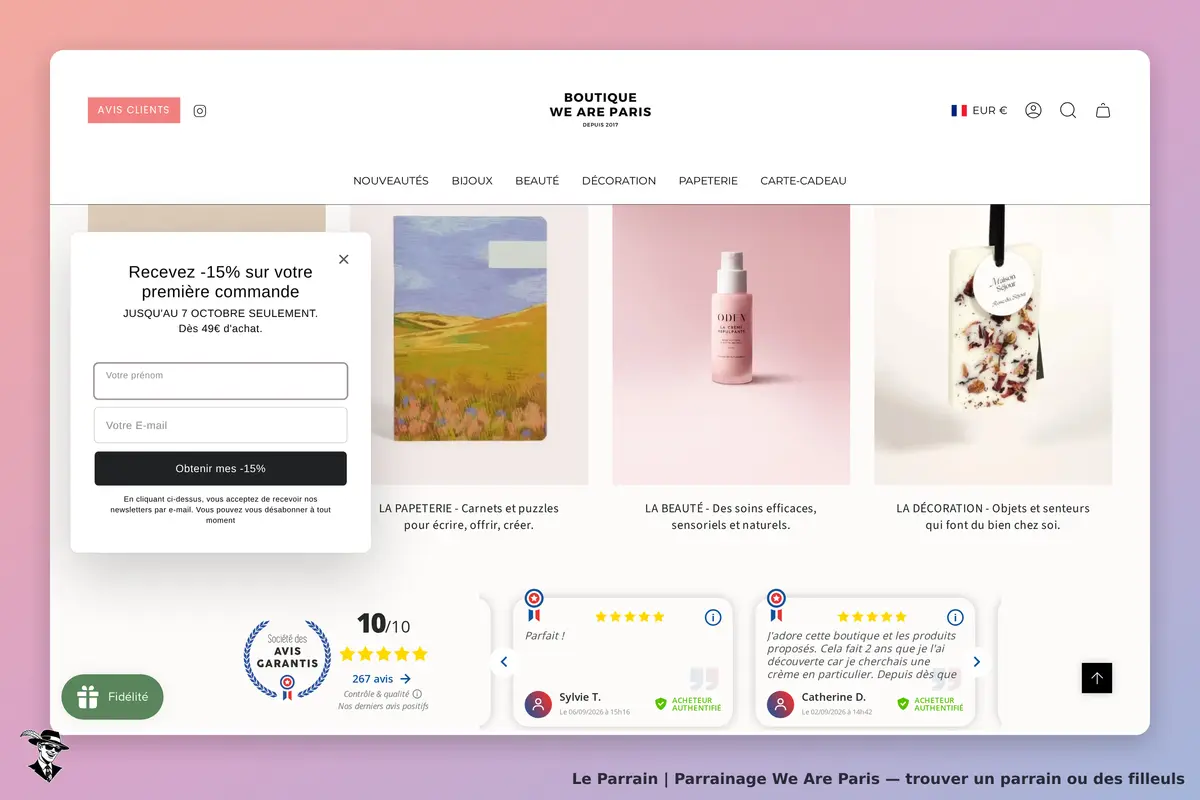 We Are Paris : page d'accueil avec produits, formulaire d'inscription et avis clients