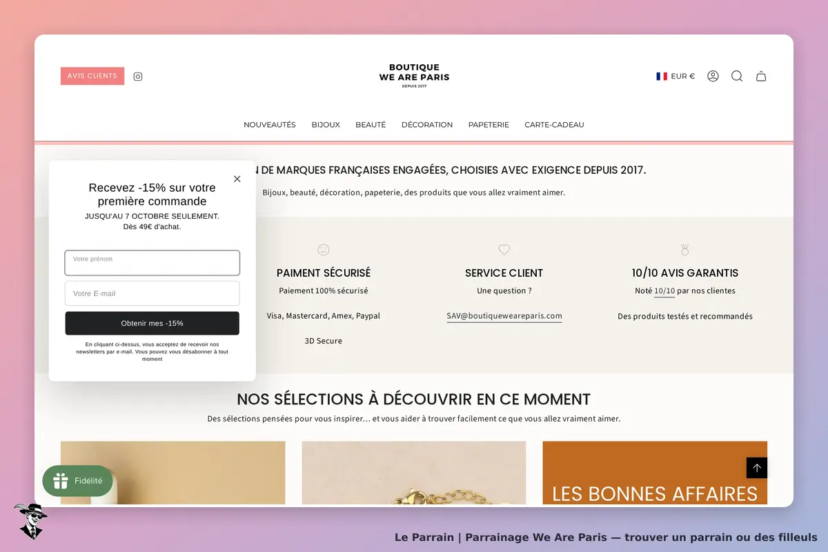 We Are Paris : page d'accueil avec formulaire de réduction et sections produits en vedette