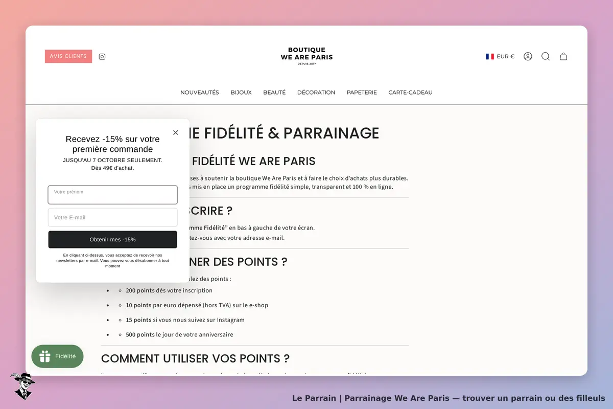 We Are Paris : page d'accueil avec un formulaire d'inscription au programme de fidélité