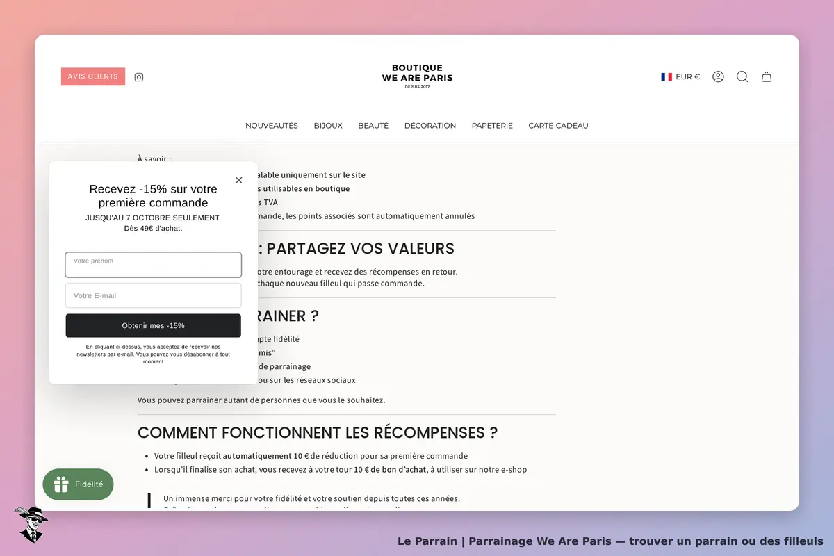 We Are Paris : formulaire d'inscription avec offre de réduction et informations sur le parrainage