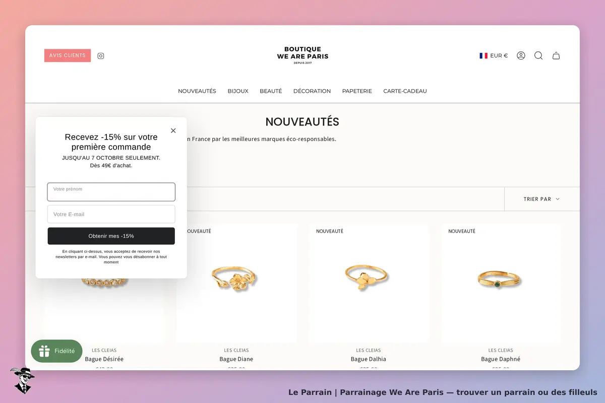 We Are Paris : page d'accueil avec des bagues et un formulaire d'inscription à la newsletter