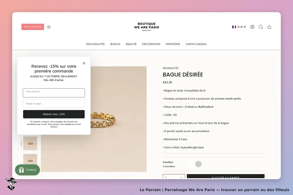 We Are Paris : page produit affichant une bague dorée et un formulaire d'inscription à la