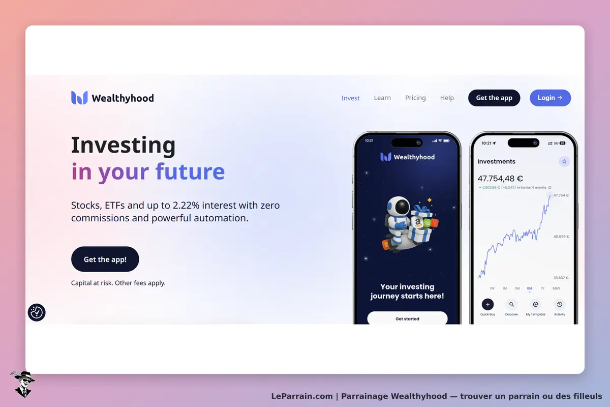 Wealthyhood : page d'accueil avec un smartphone affichant des investissements et un personnage