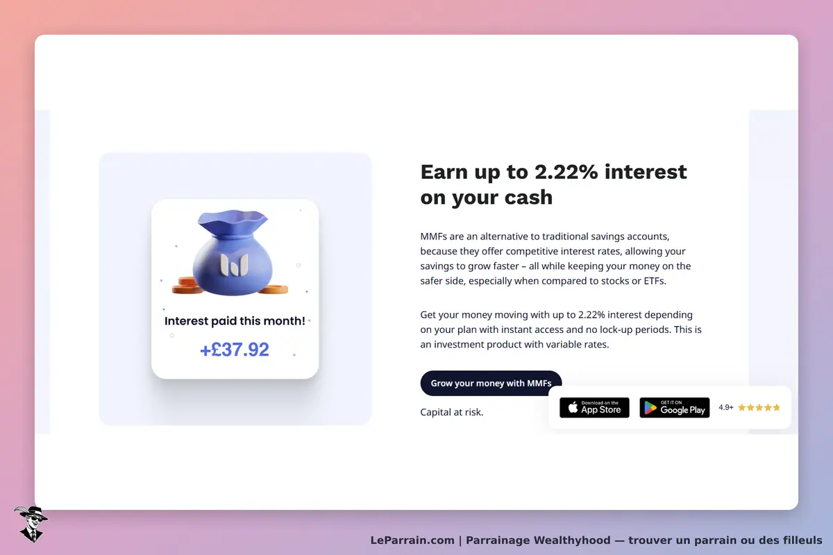 Wealthyhood : page d'accueil avec un graphique d'intérêt et un bouton pour télécharger