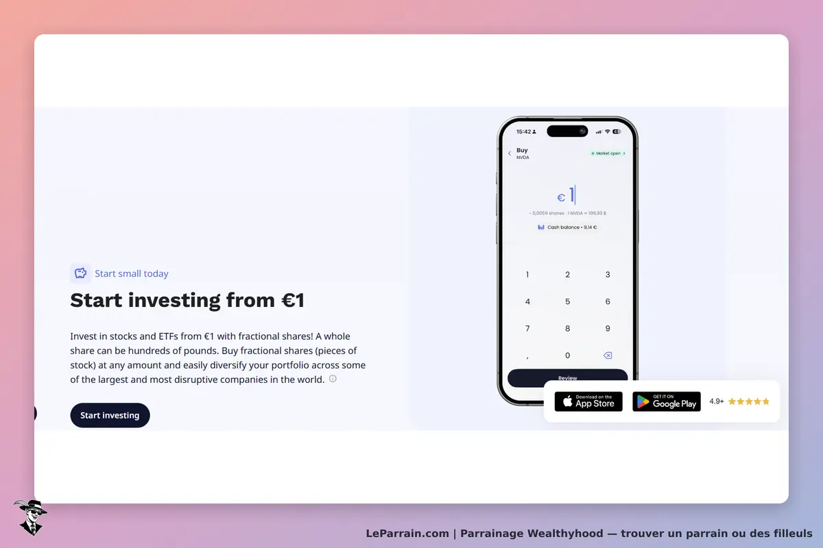 Wealthyhood : page d'accueil avec un smartphone affichant un formulaire d'investissement