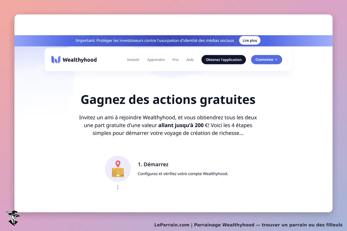Wealthyhood : page d'accueil présentant un programme de parrainage et des étapes à suivre