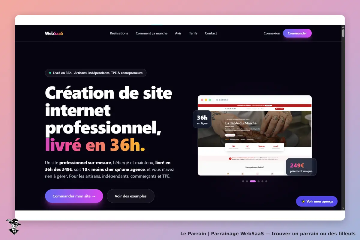 WebSaaS : page d'accueil présentant un service de création de sites internet avec un exemple