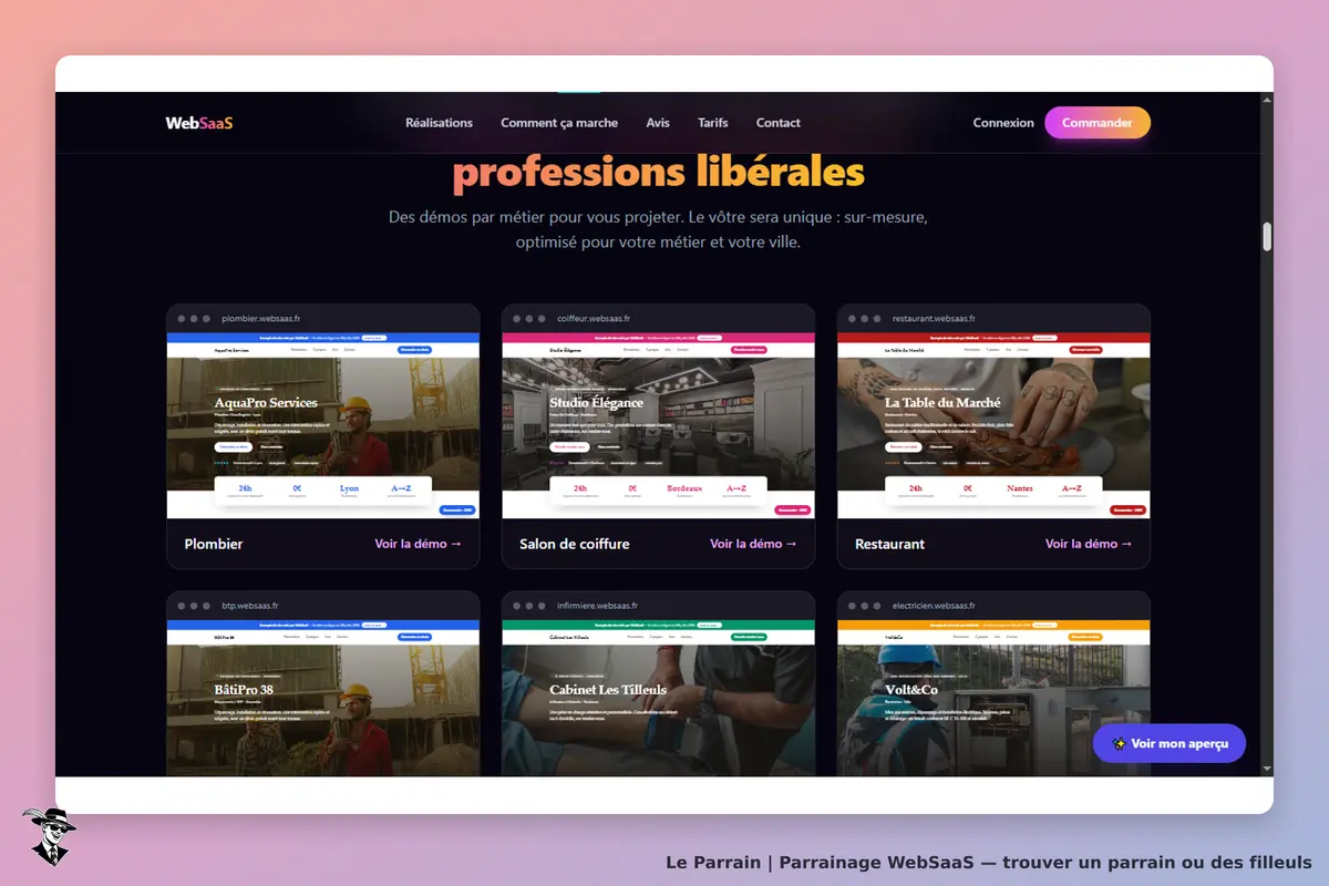 WebSaaS : page d'accueil présentant des démos pour différentes professions libérales