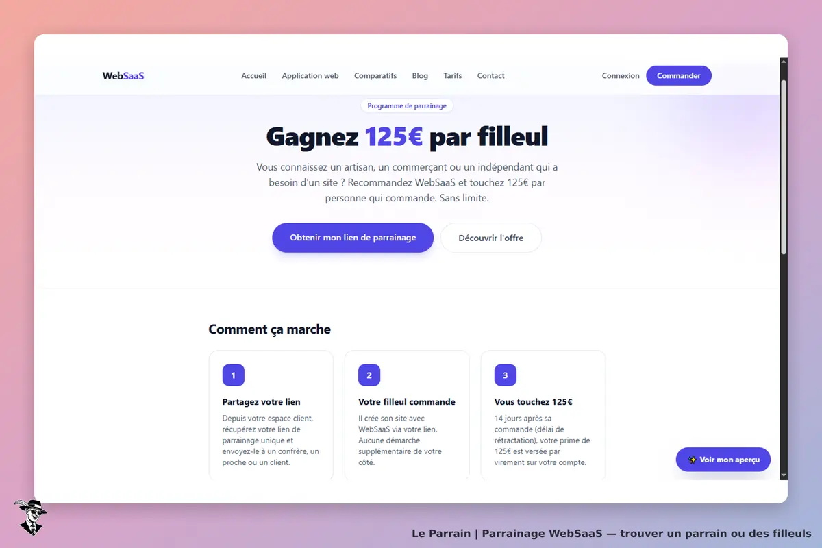 WebSaaS : page d'accueil avec programme de parrainage et étapes explicatives