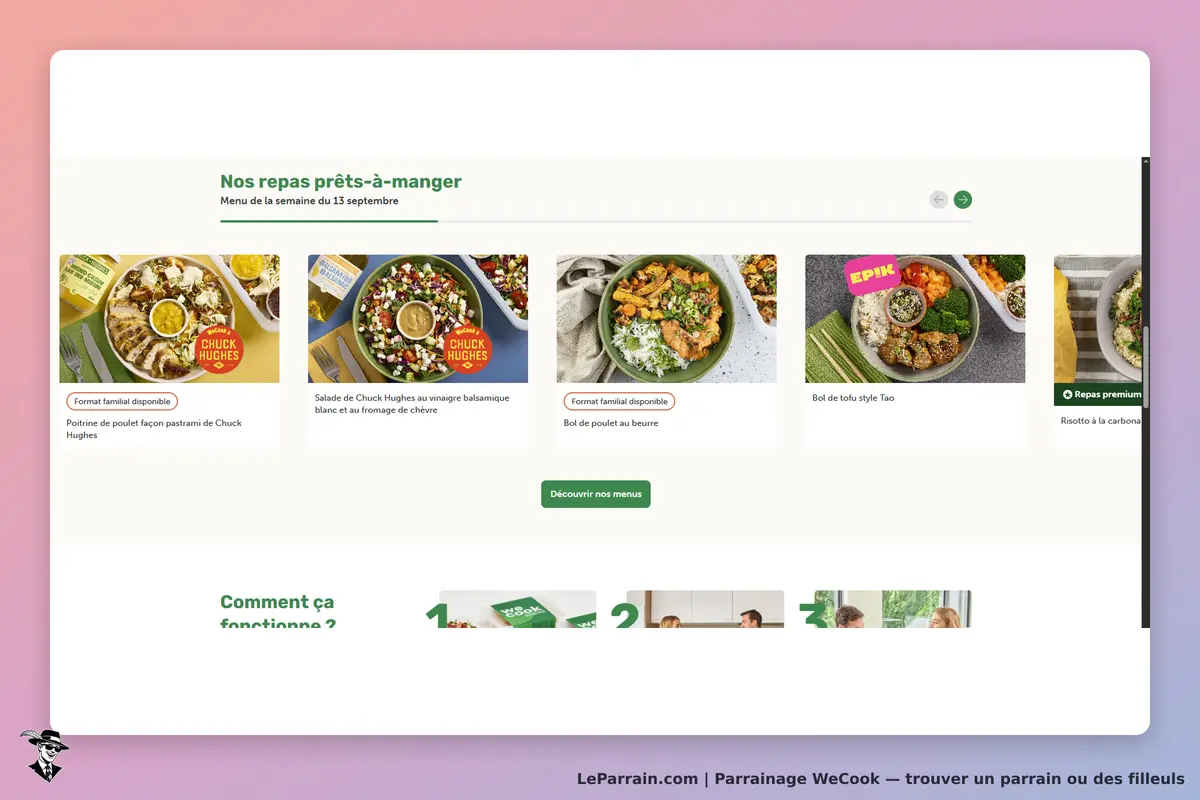 WeCook : page d'accueil présentant des repas prêts-à-manger avec images et descriptions
